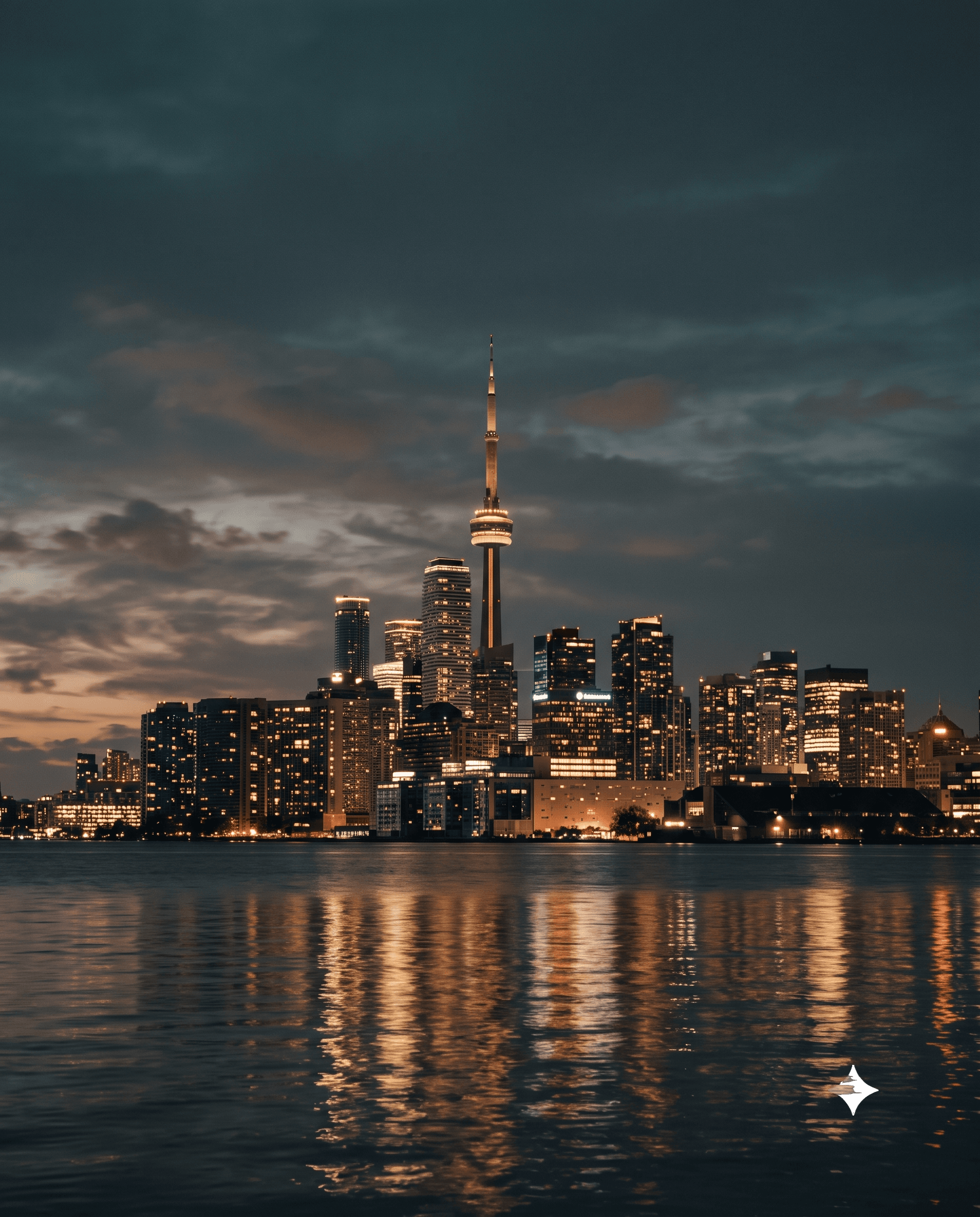 Toronto skyline at twilight over Lake Ontario, representing Wingspan Innovations' Canadian remote office.